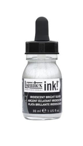 Iridescent Bright Silver acrylic ink in a 30ml bottle, ideal for vibrant art techniques with a permanent, water-resistant finish.