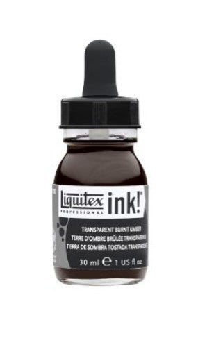 "30ml bottle of Liquitex Acrylic Ink in Transparent Burnt Umber, ideal for depth, shadow, and mixed media techniques."