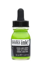 Vivid Lime Green 740 Liquitex Acrylic Ink in a 30ml bottle, featuring intense color saturation and versatility for artists.