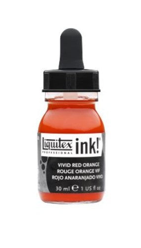 30ml Liquitex Acrylic Ink in Vivid Red Orange 620, ideal for fluidity and versatile techniques, with quick-drying, permanent properties.