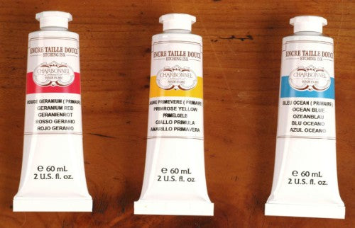 Charbonnel Etching Ink in Yellow Ochre, 60ml tube, renowned for quality, vibrancy, and lightfastness in printmaking.