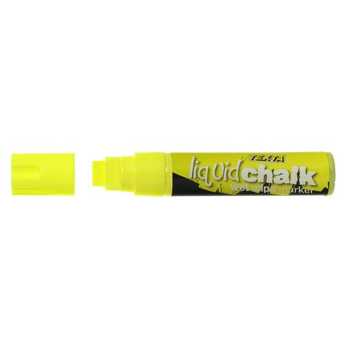 Yellow TEXTA Liquid Chalk Marker with 15mm chisel tip, ideal for vibrant designs on glossy surfaces and blackboards.