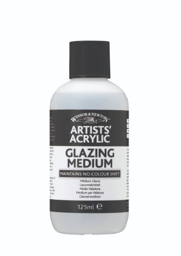 A 125ml bottle of Winsor & Newton Glazing Medium, enhancing acrylics with vibrant transparency and depth for artists.