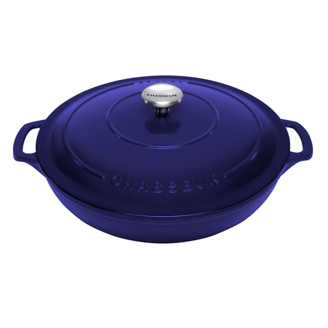 Chasseur 30 Low Casserole in Azure, cast iron for even cooking, self-basting lid, versatile for stovetop and oven use.