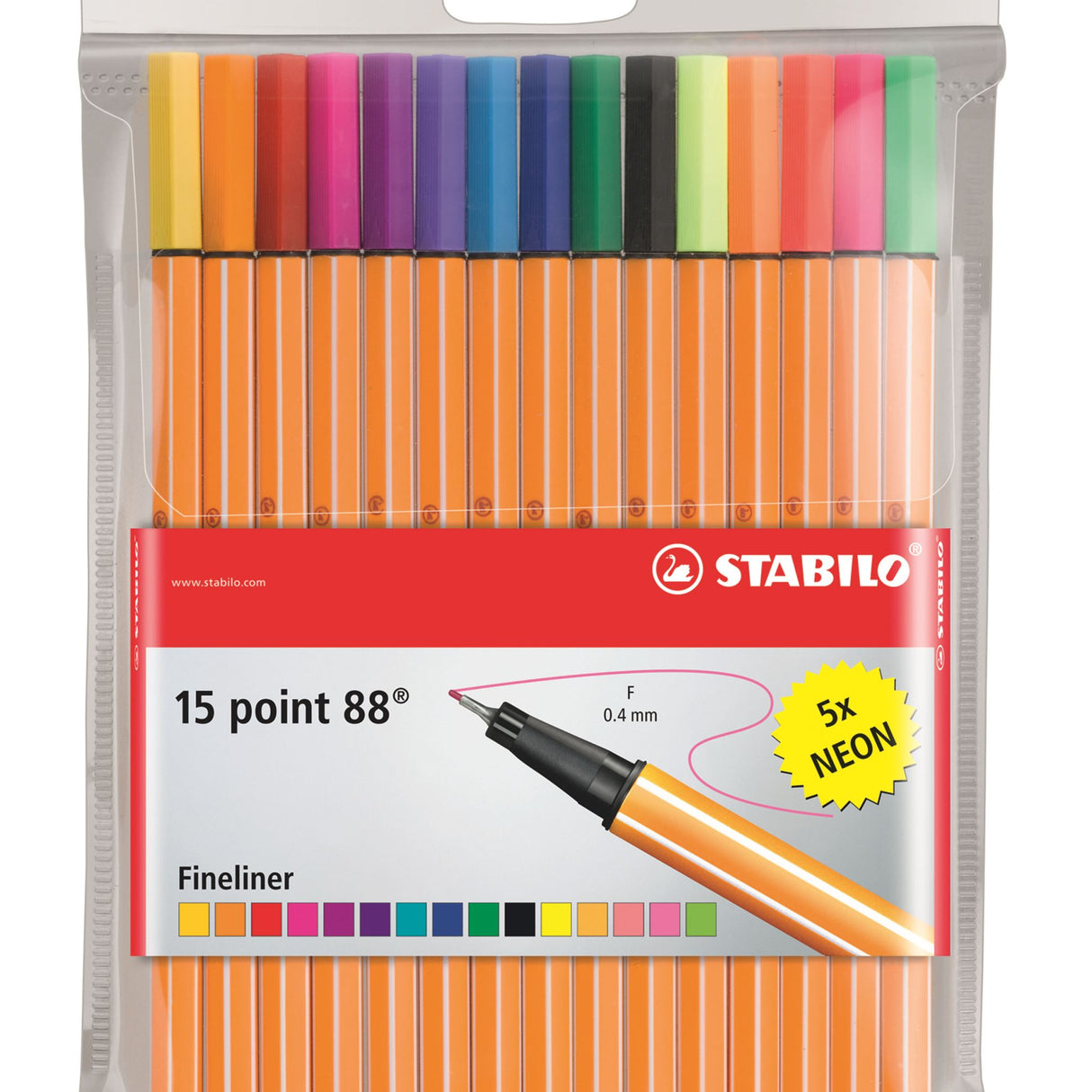 Stabilo Point 88 fineliner set with 15 vibrant colors and a neon wallet, perfect for detailed artwork and writing.