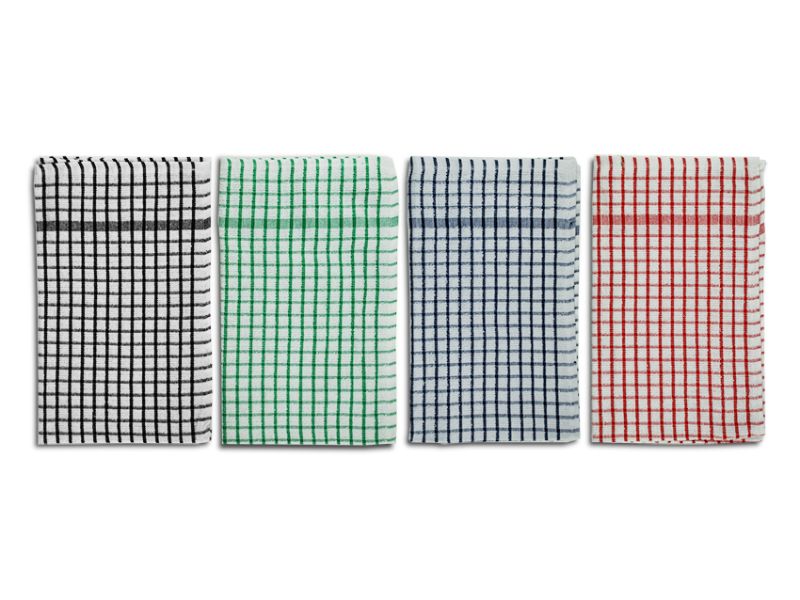 Assorted pack of 12 kitchen tea towels, half terry design for superior absorbency, stylish colors, and easy maintenance.