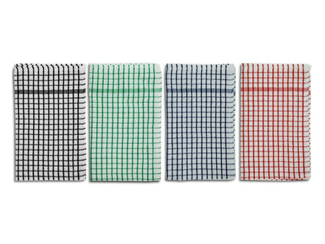 Assorted pack of 12 kitchen tea towels, half terry design for superior absorbency, stylish colors, and easy maintenance.
