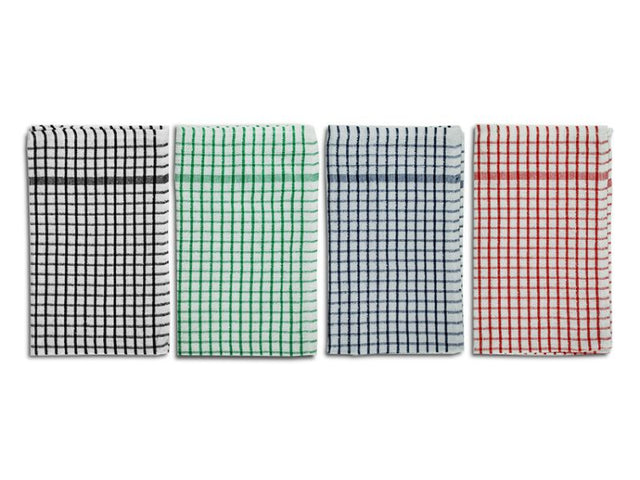 Assorted pack of 12 kitchen tea towels, half terry design for superior absorbency, stylish colors, and easy maintenance.