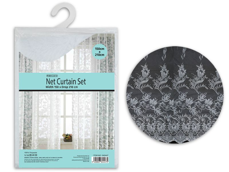 Elegant Maxcare net curtains, 150 x 210 cm, 24 units, providing light filtration and privacy for stylish home decor.