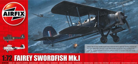 Detailed 1/72 scale model kit of the WWII Fairey Swordfish Mk.I, featuring 125 pieces and two scheme options for customization.