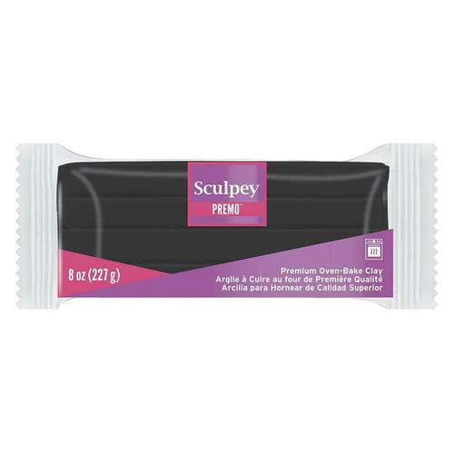 Black Sculpey Premo polymer clay, 226g, ideal for detailed crafts like jewelry and sculptures, retains color upon baking.