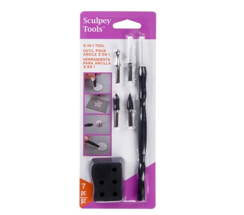 5-in-1 Sculpey tool set with various carving and shaping tools, plus a cradle for organized crafting. Ideal for artists.