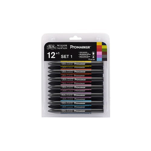 High-quality Winsor & Newton ProMarkers Set with 12 vibrant colors and a Blender for seamless mixing, ideal for artists.