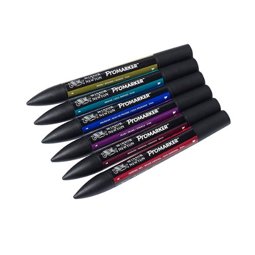 Set of 6 Winsor & Newton ProMarkers in rich tones, featuring twin tips for fine detailing and broad coverage, ideal for art.