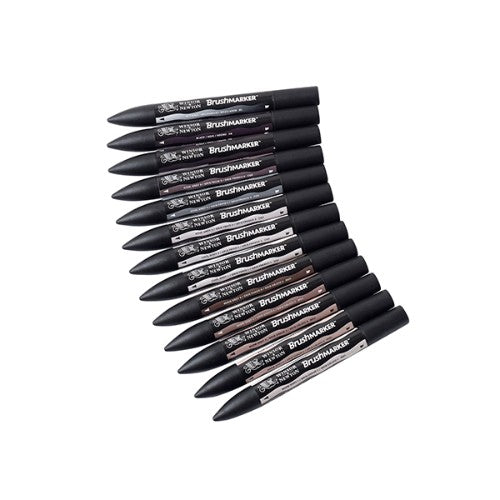 Set of 12 premium Winsor & Newton BrushMarkers in greys, featuring dual nibs for versatile artistic applications.