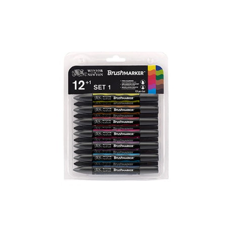 Vibrant set of 12 Winsor & Newton BrushMarkers with dual nibs for versatile artistry in rich, lasting colors.