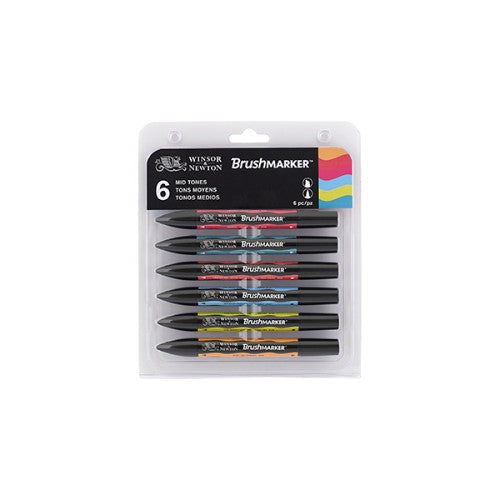 Set of Winsor & Newton BrushMarkers featuring 6 mid-tone colors, ideal for artists with dual nibs for versatile strokes.