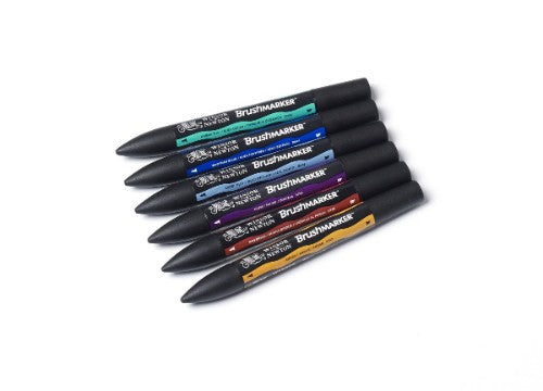 Vibrant Winsor & Newton BrushMarkers Set 6 featuring rich tones: Gold, Lipstick Red, Carmine, Sky Blue, Turquoise, Lime Green.