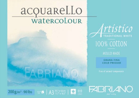 A3 Fabriano Artistico Water Colour Pad featuring 12 sheets of cold pressed 200gsm 100% cotton paper, perfect for various mediums.