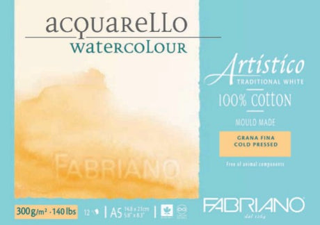 Fabriano Artistico A5 Watercolour Pad featuring 12 sheets of 300gsm cold-pressed, 100% cotton, acid-free paper for vibrant art.