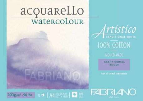 Fabriano Artistico A4 Water Colour Pad featuring 12 sheets of 200gsm rough, 100% cotton, acid-free paper for vibrant artwork.