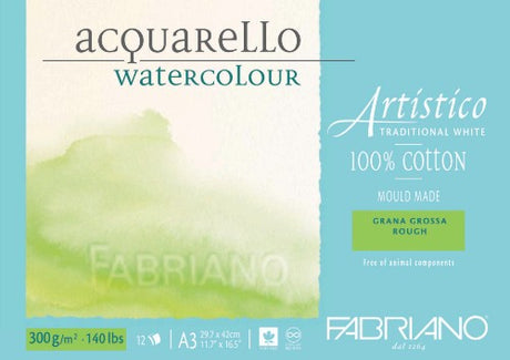 Fabriano Artistico A3 watercolour pad, 300gsm, 12 sheets of acid-free, 100% cotton, ideal for various artistic mediums.