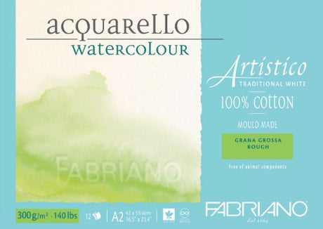 A2 Fabriano Artistico watercolour pad with 12 sheets of 300gsm rough, 100% cotton paper for vibrant artistic expression.