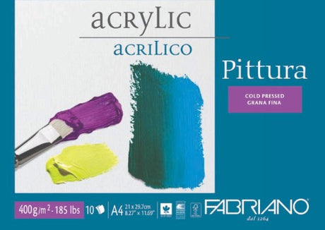 Fabriano Acrylic Pad A4, premium machine-made acid-free paper for vibrant artwork with acrylic, oil, and tempera paints.