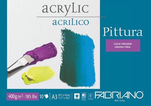 A3 Fabriano Acrylic Pad featuring acid-free cellulose paper, perfect for acrylic, oil, and tempera painting techniques.