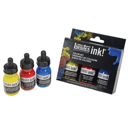 Liquitex Ink Set of 3 x 30ml featuring Cadmium Yellow, Naphthol Crimson, and Cerulean Blue for vibrant artistic expression.