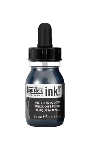 Liquitex Acrylic Ink in Muted Turquoise 503, 30ml bottle, features ultra-fine pigments for vibrant, subtle artistic effects.