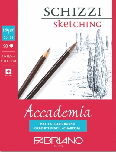 Premium Fabriano Accademia A4 sketch pad featuring 50 sheets of 120gsm acid-free, lignin-free paper for drawing and sketching.