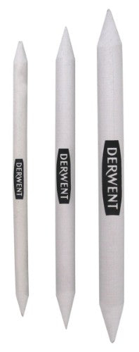 Derwent Paper Stump tools for blending charcoal and pastel, featuring pointed ends and three sizes for detailed artwork.