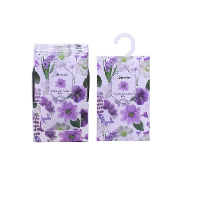 A display of 12 lavender sachets, 20g each, providing calming aroma for stress relief and freshening small spaces.