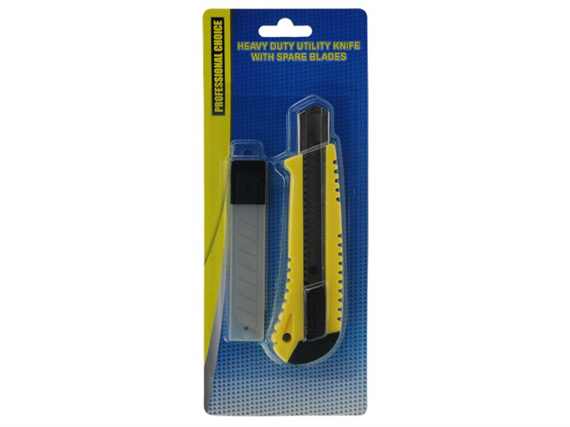 Heavy-duty utility knife with ergonomic handle and 12 spare blades, perfect for precision cutting in various tasks.