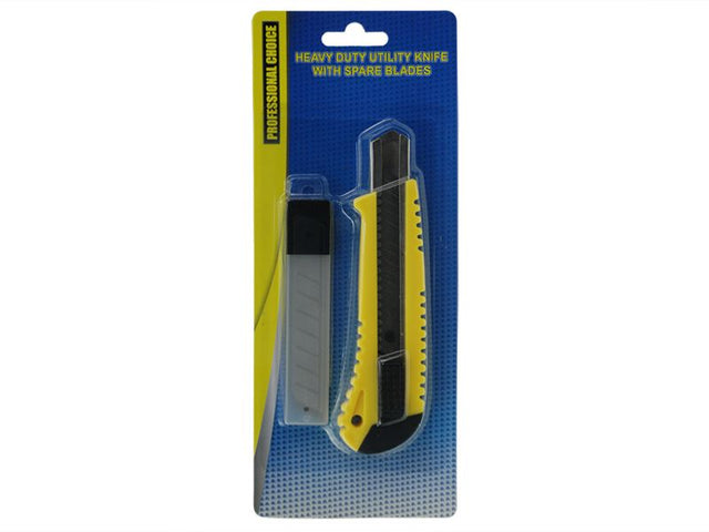 Heavy-duty utility knife with ergonomic handle and 12 spare blades, perfect for precision cutting in various tasks.