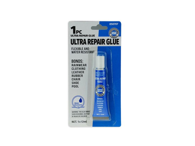 Ultra Repair Glue 12ml tube, flexible, water-resistant adhesive for strong, durable repairs on various surfaces.