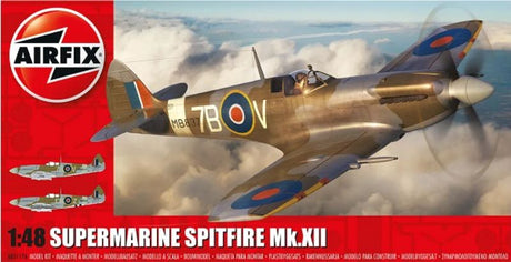 Scale model kit of the Airfix 1/48 Supermarine Spitfire Mk.XII, featuring 98 precision pieces and two unique paint schemes.