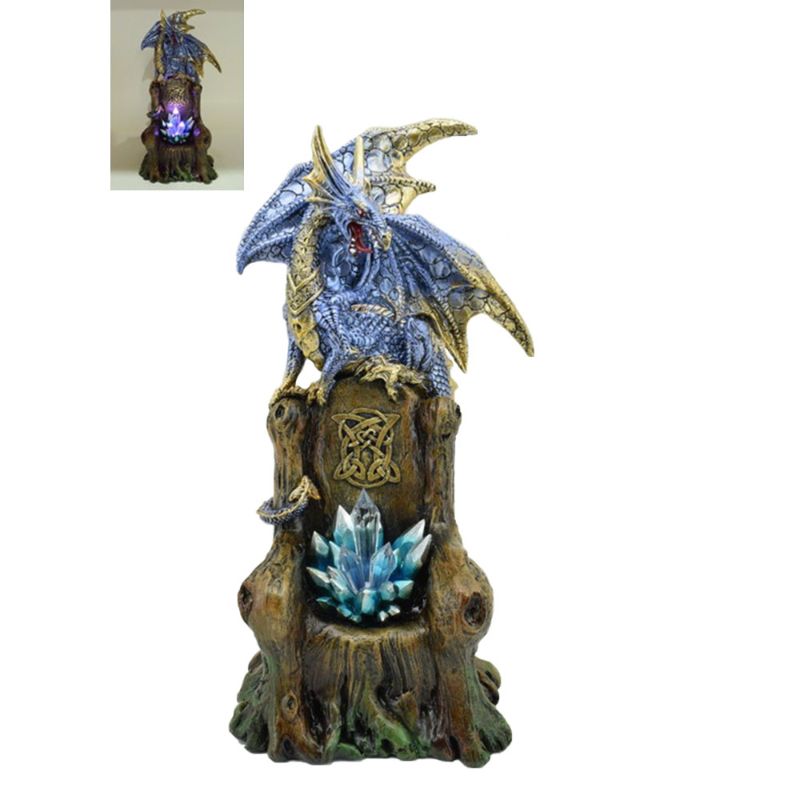 Majestic blue LED dragon figurine on throne, hand-painted, 26 cm tall, perfect for home decor and gifting.