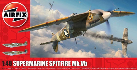 Detailed 1/48 scale model kit of the Supermarine Spitfire Mk.Vb, featuring 143 pieces and two scheme options for aviation enthusiasts.