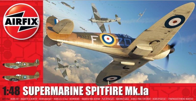 Detailed Airfix 1/48 Supermarine Spitfire Mk.1 model kit with 149 pieces, capturing the iconic British fighter's essence.