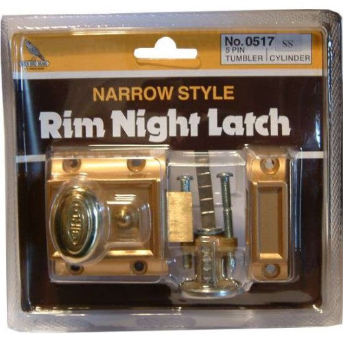 Gold-colored night latch with brass finish, featuring secure key access and thumb turn for stylish home security.