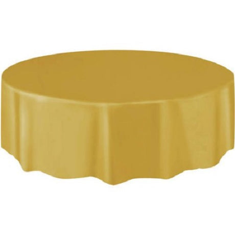 Round gold table covers, 84 inches, perfect for parties and easy cleanup; stylish, durable, and economical for elegant dining.
