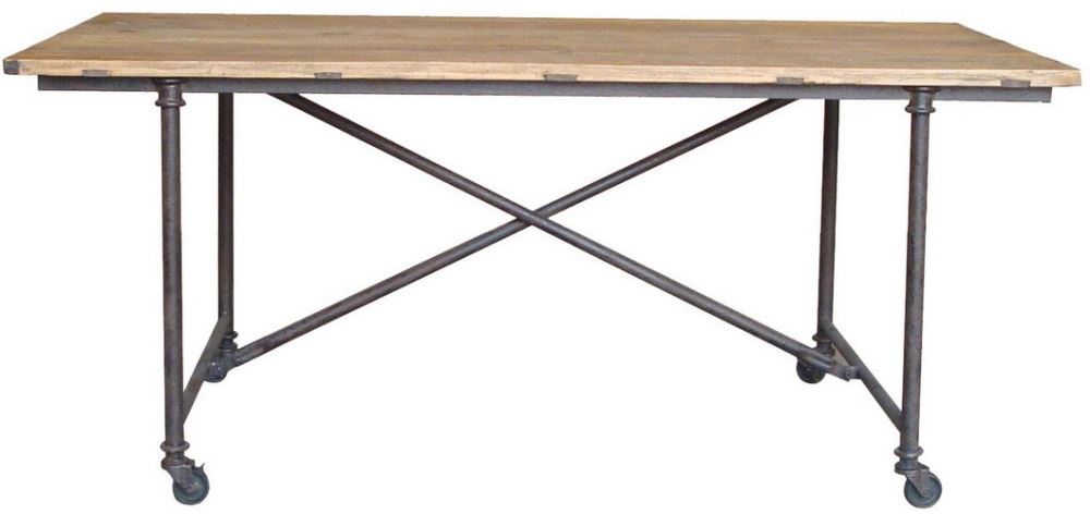 Industrial Old Elm/Iron dining table with metal frame and wheels, combining rustic charm and modern sophistication.