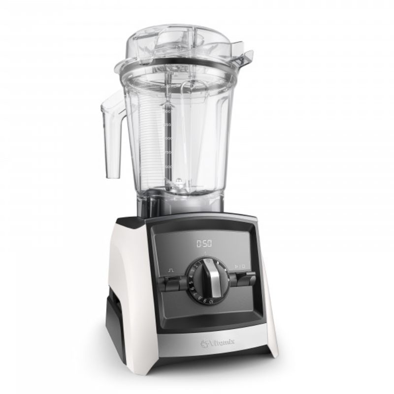 Vitamix A2500i High-Performance Blender in white, featuring wireless connectivity, self-detect containers, and three program settings.