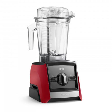 Vitamix A2300i High-Performance Blender in red, featuring variable speed control, digital timer, and self-detect container compatibility.