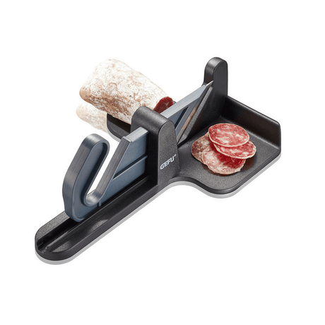 Sleek black Gefu Tranche Stainless Steel Sausage Slicer with sharp blade for effortless, consistent paper-thin cuts.