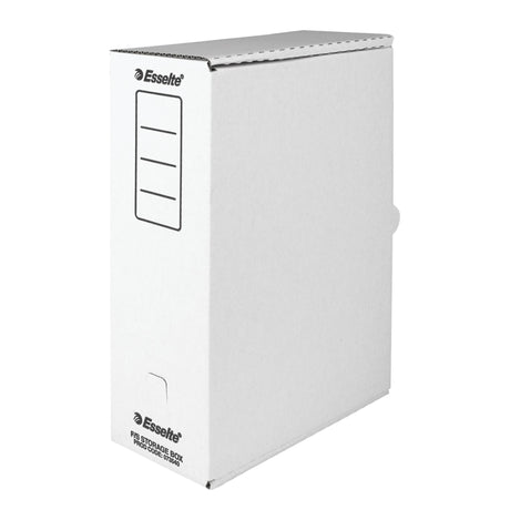 Esselte Storage Carton 1.5 White, eco-friendly deep box for A4/foolscap paper, easy assembly, with content recording panels.