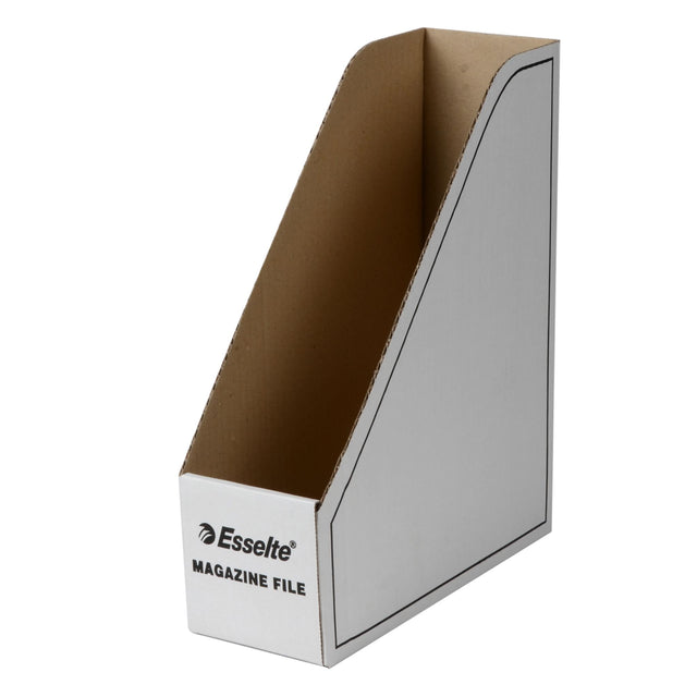 White Esselte Magazine File holder for organizing documents, magazines, and catalogs in a sleek, eco-friendly design.