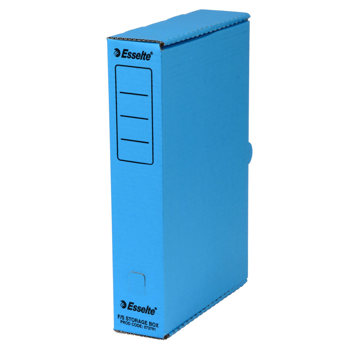 Blue ESSELTE STORAGE BOX for organizing A4 and foolscap papers, featuring a spine panel and thumb hole for easy access.